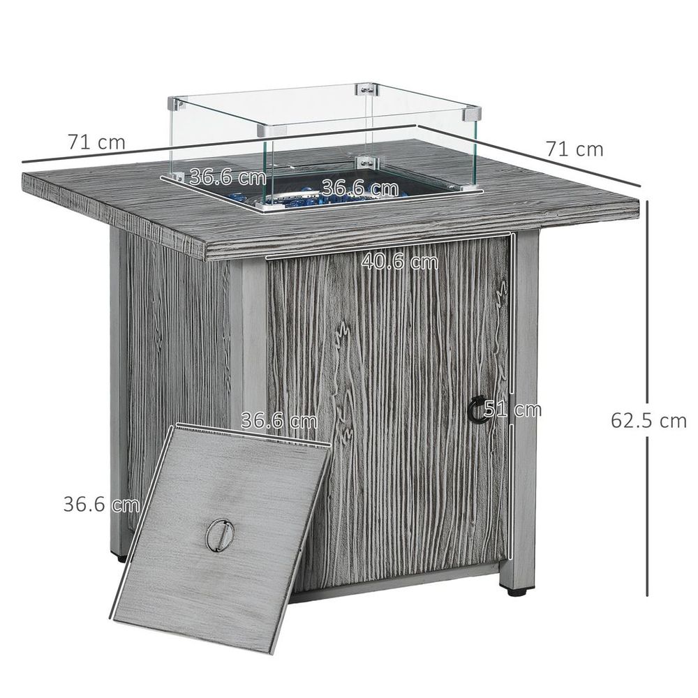 Gas Fire Pit Table - 40,000 BTU Burner, Cover, Glass Screen - Grey