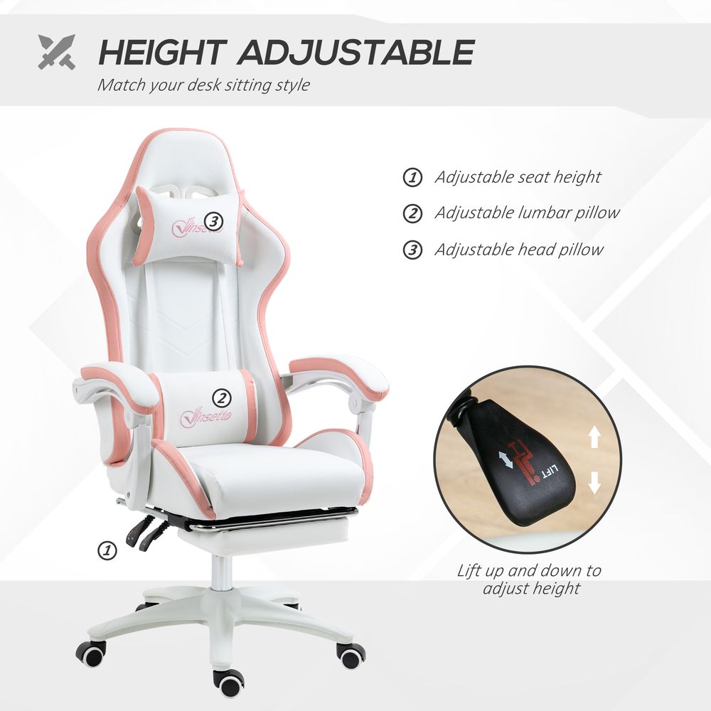 Racing Style Gaming Chair with Reclining Function & Footrest - Pink