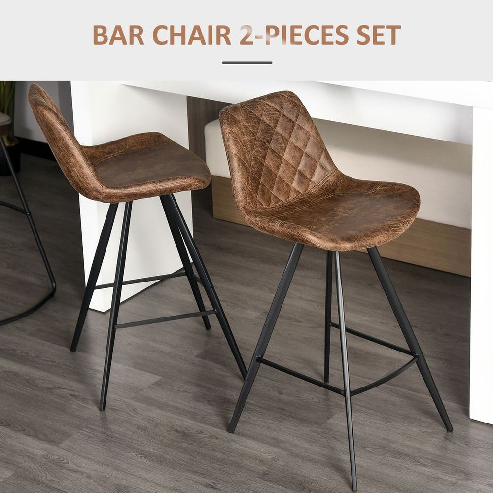 Set Of 2 Bar Stools Microfiber Cloth Tub Seats Padded Steel Brown