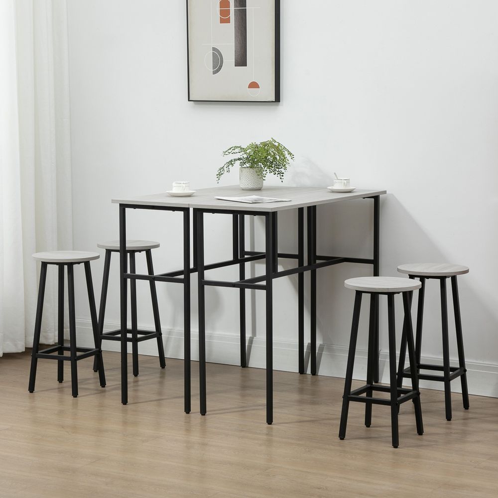 6Pc Bar Table Set: 2 Tables + 4 Stools, Stylish Grey