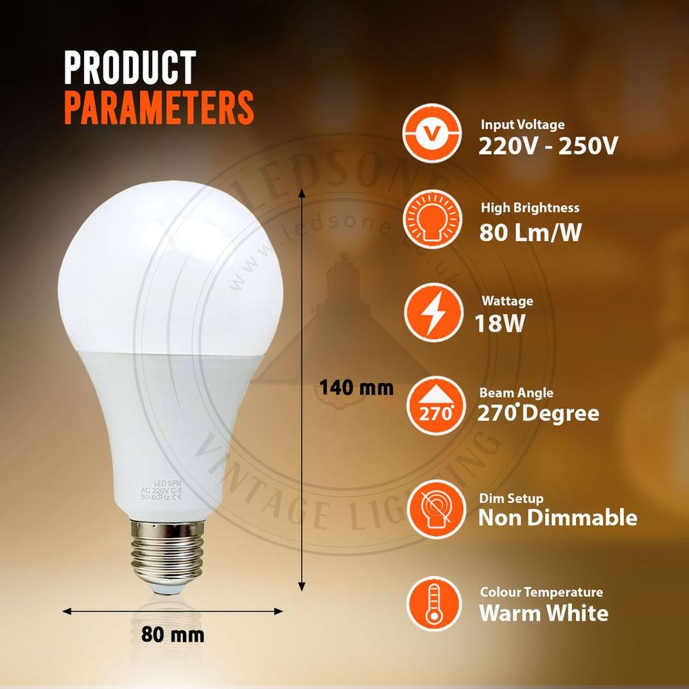 E27 18W Energy Saving Warm White LED Light Bulbs A60 E27 Screw-in non dimmable bulbs with Ball Detail