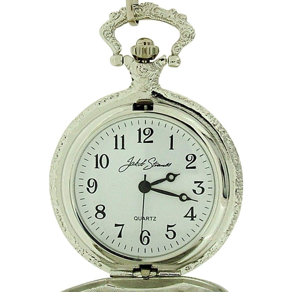 Jakob Strauss Classic Silver Tone & 12 Inch Brass Chain Pocket Watch - NEEDS RE-BATTERY