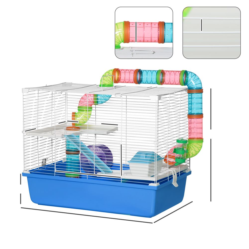 Hamster Cage with Tubes Tunnel 3 Level Rodent House with Exercise Wheel, Water Bottle, Food Dish, Ramp, Hut 59 x 36 x 47 cm- Blue