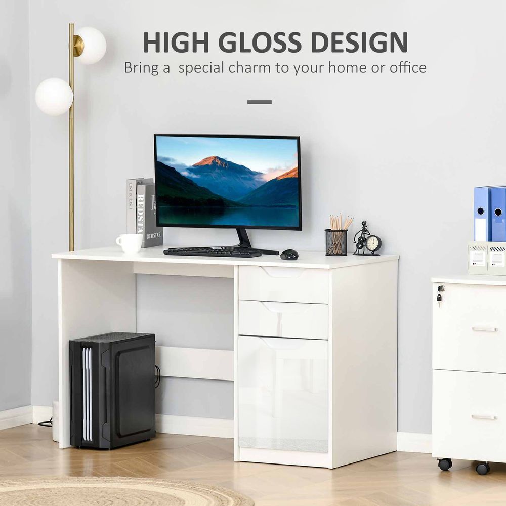 High Gloss White Computer Workstation w/ Drawers - for Home Office
