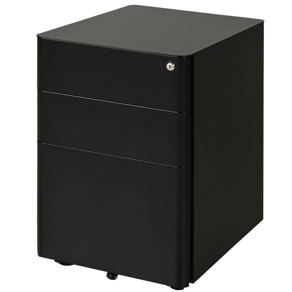 3 Draw Metal Filing Cabinet Lockable 4 Wheel Compact Under Desk Black