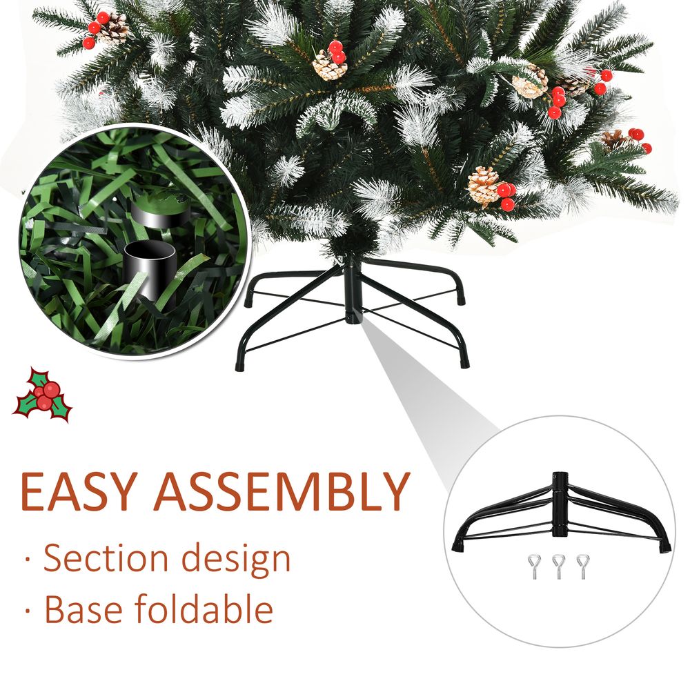 6FT Artificial Snow-Dipped Christmas Tree Foldable Berries White Pinecones Green