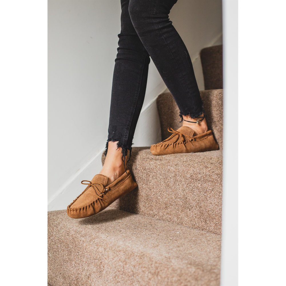 Mens Sheepskin Suede Moccasin Slippers With Suede Sole - 423-100