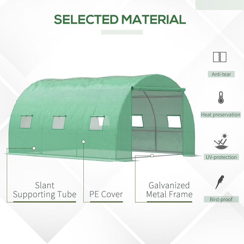 Tunnel Greenhouse with Roll-Up Door & 6 Windows - Green