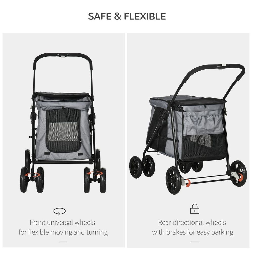 One-click Foldable Pet Stroller w/ Mesh Windows, for Small Pets - Grey