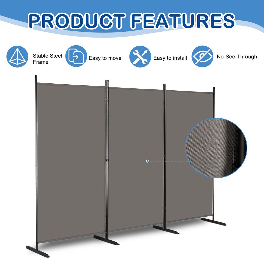 Steel Frame Folding Screen - Grey, 3 Panels