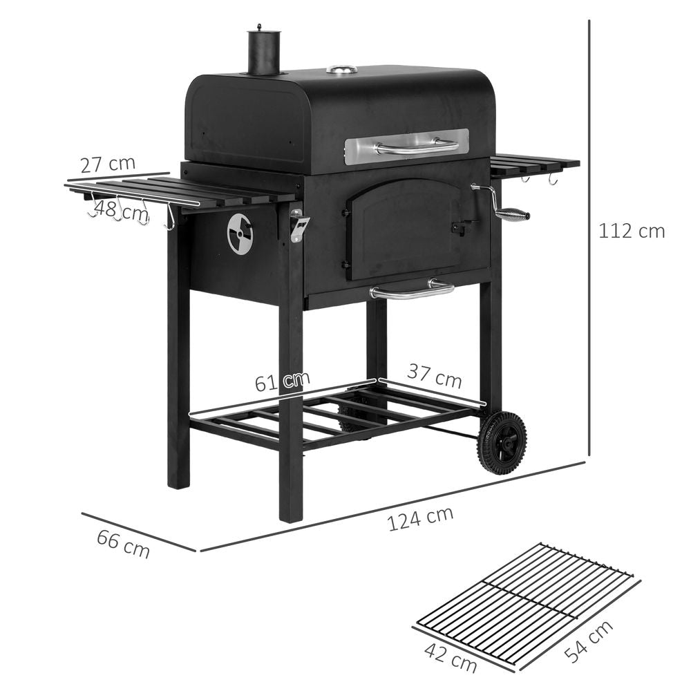 BBQ Grill Trolley w/ Adjustable Height & Thermometer - for Smokey Flavors and Large Gatherings