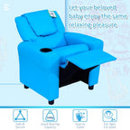 Kids Recliner, PU Leather Kids Armchair, Kids Chair, Toddler Armchair with Adjustable Backrest, Footrest, Padded Headrest, Cup Holder, Blue