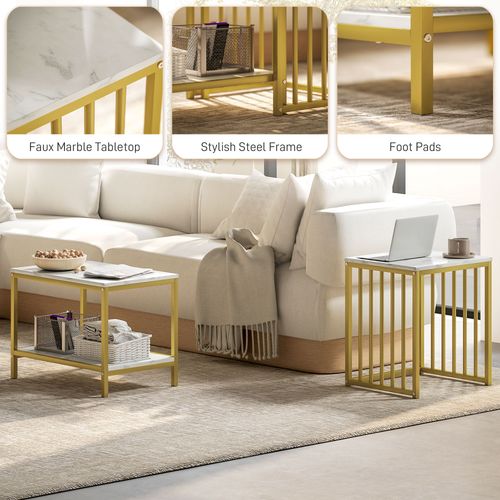 Modern Coffee Table Set of Two w/ Steel Frame Marble-Effect