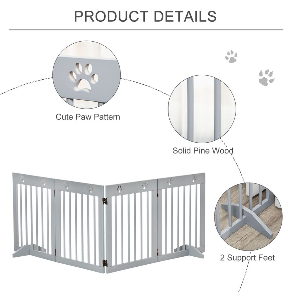 Dog Barrier 4-Piece 204 x 61 cm Foldable Door Safety Gate with 2 Support Feet, Freestanding Dog Gate, Wooden Stair Gate for Hallway, Stairs, Light Grey