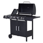 4+1 Burner Gas BBQ Grill, Outdoor Barbecue Trolley with Wheels, Warming Rack, Side Shelves, Cabinet, Thermometer for Garden, Party, Camping, 125 L x 51 W x 100 H cm, Black