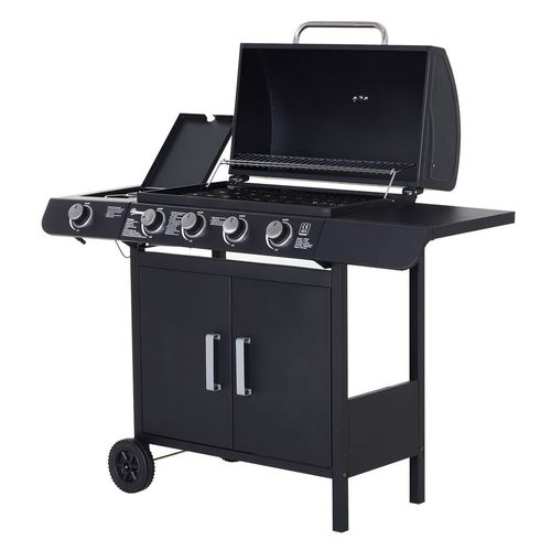 4+1 Burner Gas BBQ Grill, Outdoor Barbecue Trolley with Wheels, Warming Rack, Side Shelves, Cabinet, Thermometer for Garden, Party, Camping, 125 L x 51 W x 100 H cm, Black