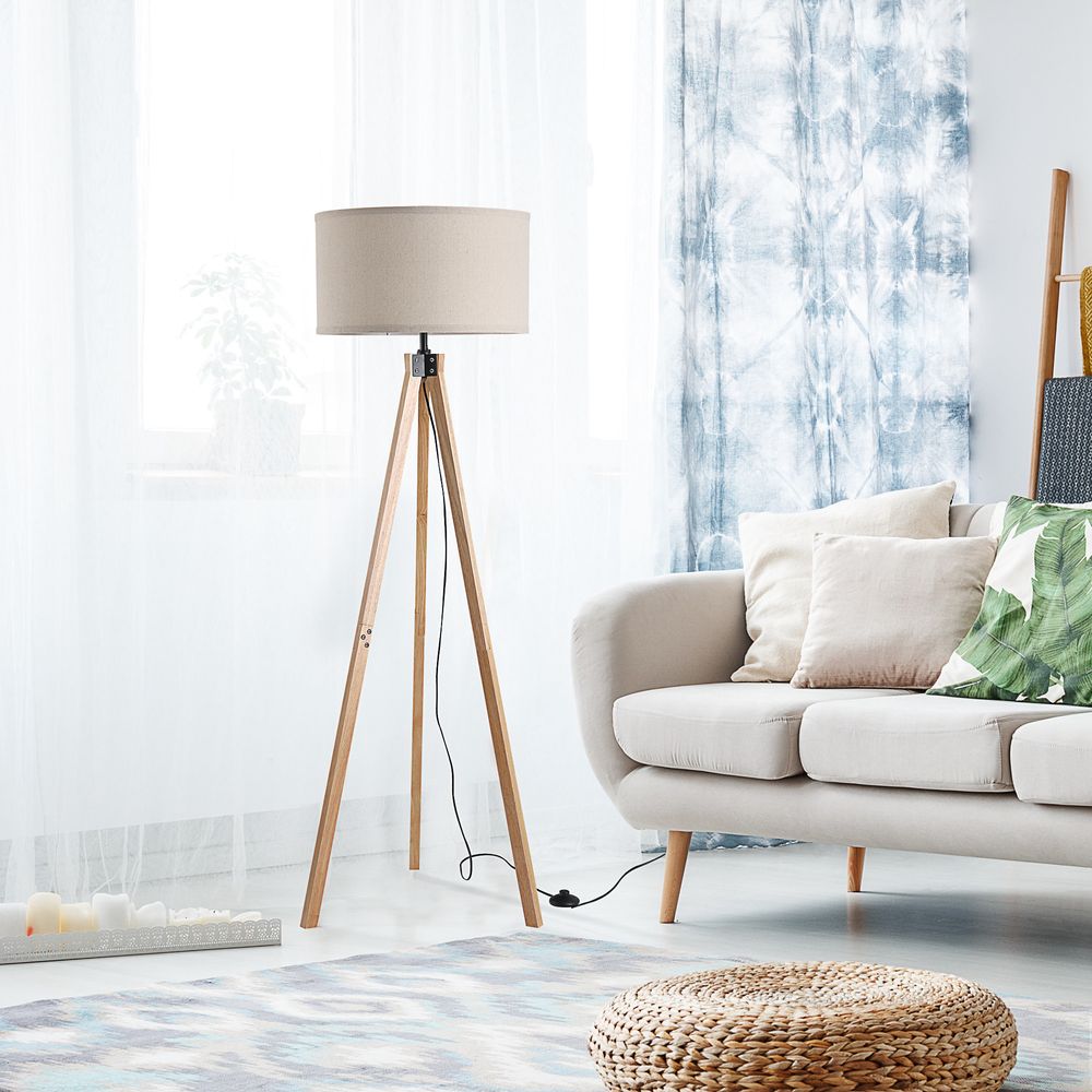Beige Rubber Wood Tripod Floor Lamp - Professional Grade, & Stylish Home Decor & Lighting Solution