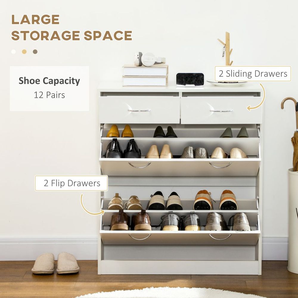 Slim Shoe Cabinet with 2 Flip Drawers for 12 Pairs of Shoes White