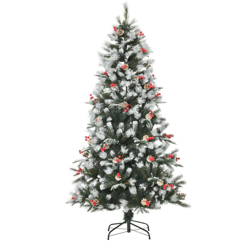 6FT Artificial Snow-Dipped Christmas Tree Foldable Berries White Pinecones Green