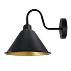 Vintage Black Gold Wall Light Fixture - E27 Base - Cone Shape Shade - Swan Neck