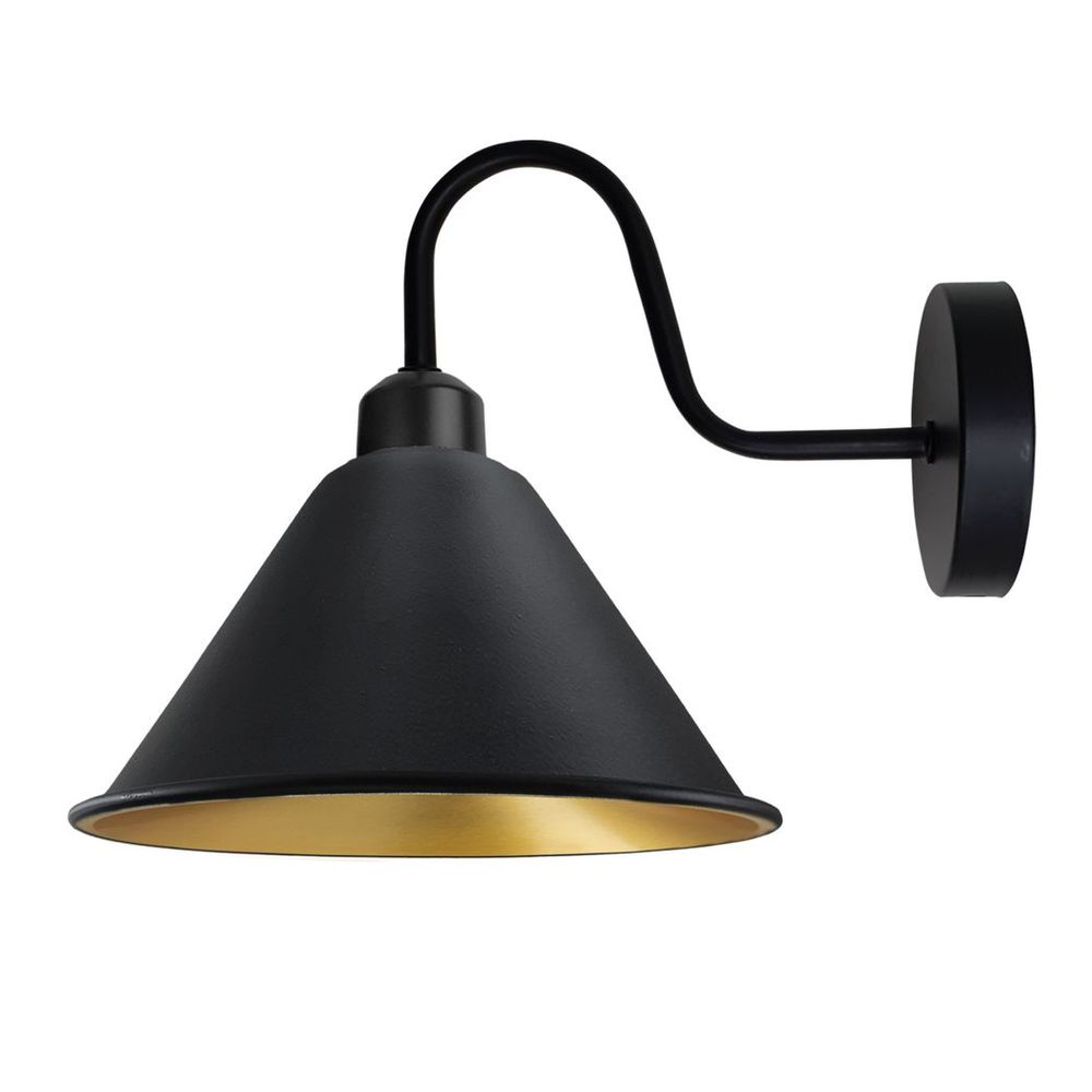 Vintage Black Gold Wall Light Fixture - E27 Base - Cone Shape Shade - Swan Neck