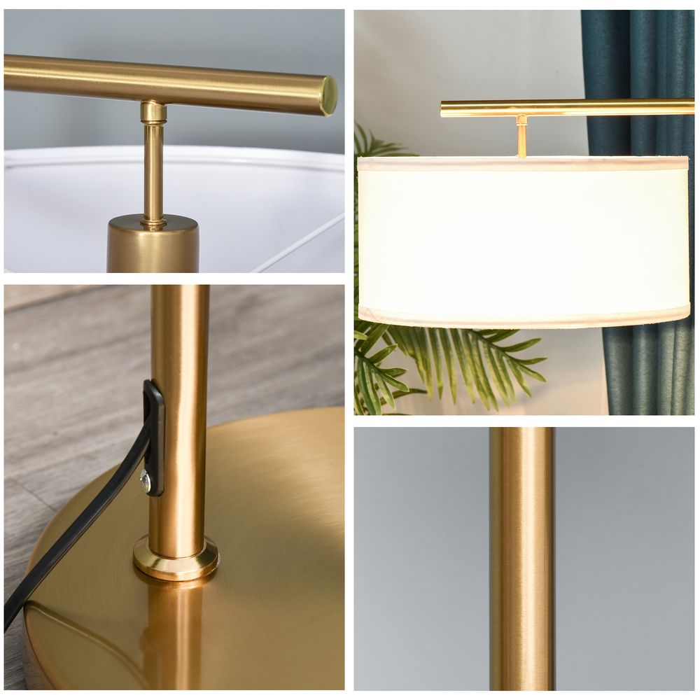 Floor Lamp, Modern Standing Light with Linen Lampshade, Round Base for Living Room, Bedroom, Dining Room, 153cm, Gold and White