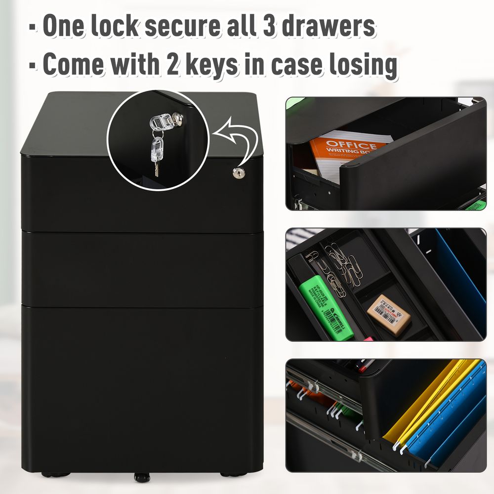 3 Draw Metal Filing Cabinet Lockable 4 Wheel Compact Under Desk Black