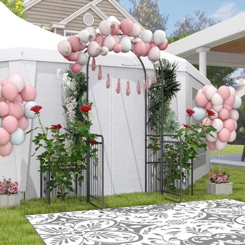 Metal Garden Arbor Arch Gate w/ 2 Side Planter Boxes & Vine Frame
