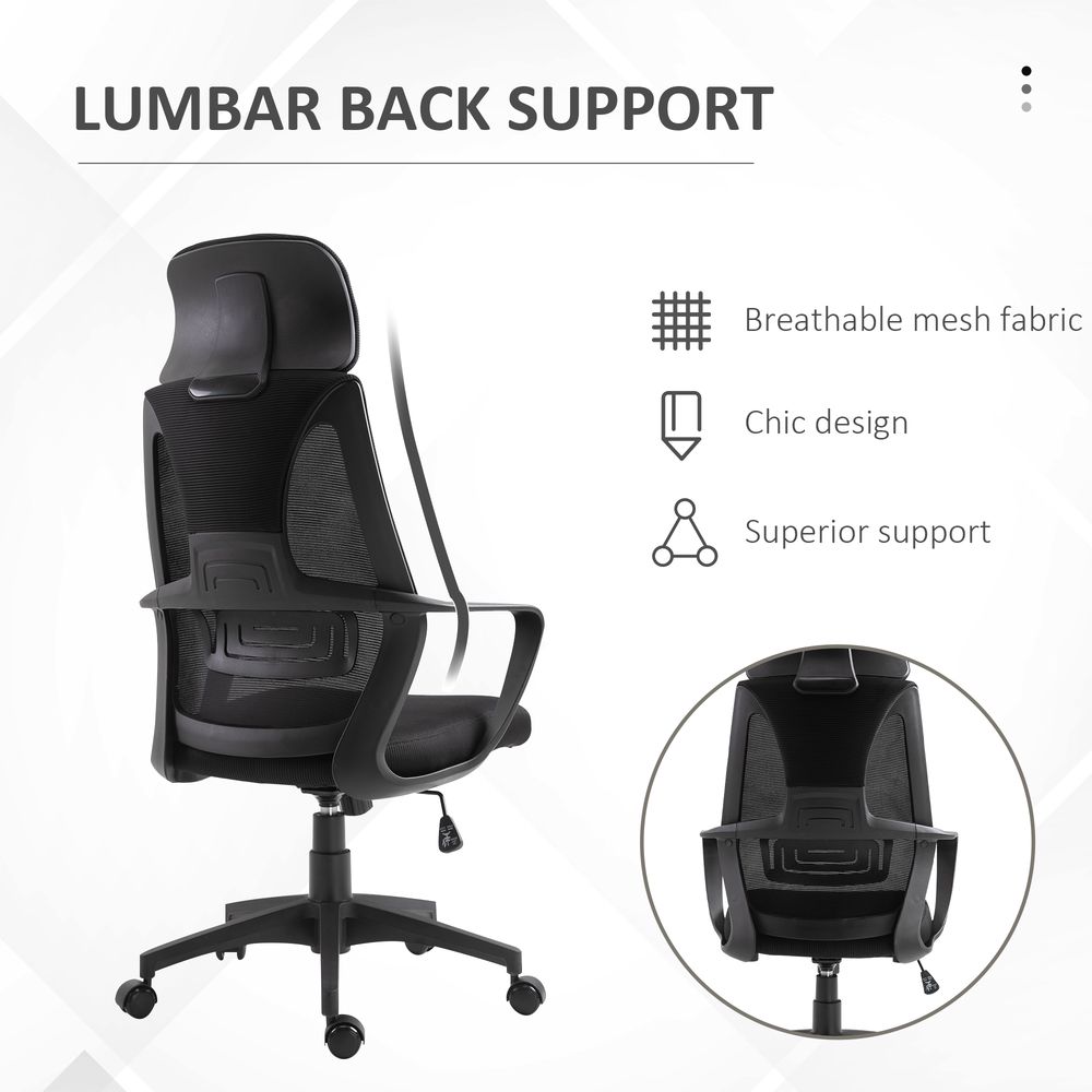 Mesh Back Office Chair - Adjustable Height & Padded Headrest - Comfortable - All Black