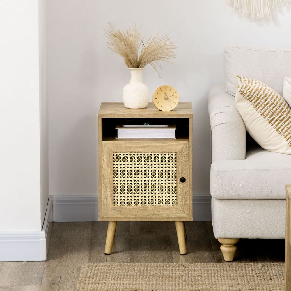 Nightstand, Rattan Bedside Table, Sofa Side Table w/ Cabinet, Shelf