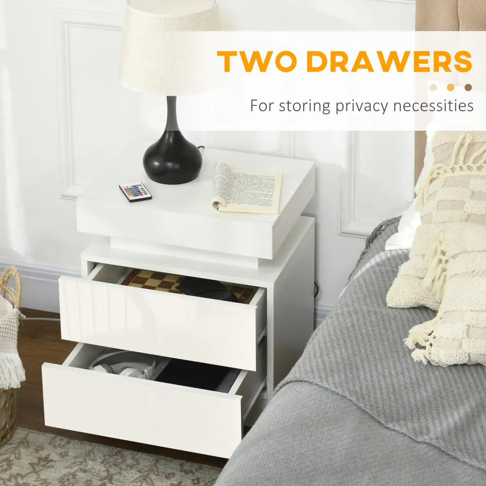 White Bedside Table, High Gloss Front Nightstand w/ LED Light, 2 Drawers