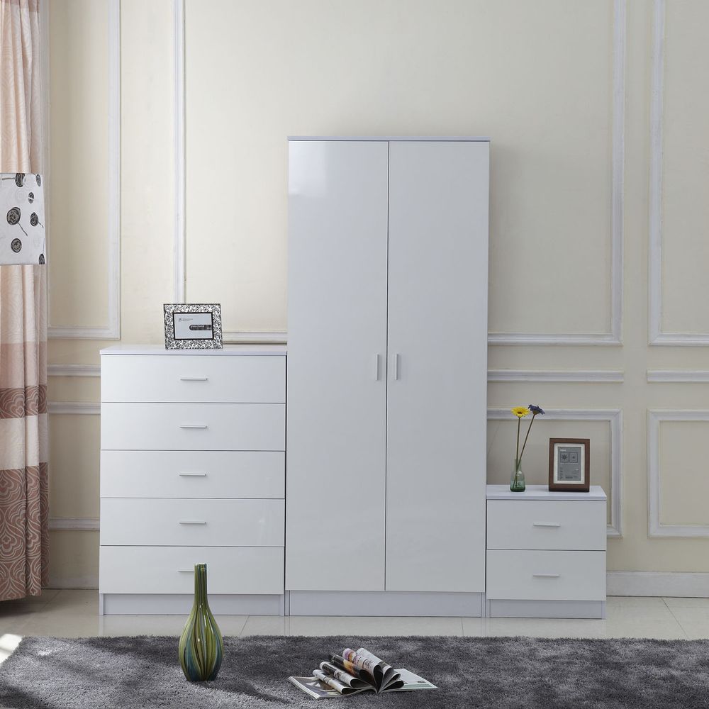 Tall White High Gloss Wardrobes 3Pc Chest Nightstand 7 Drawer - Elegance