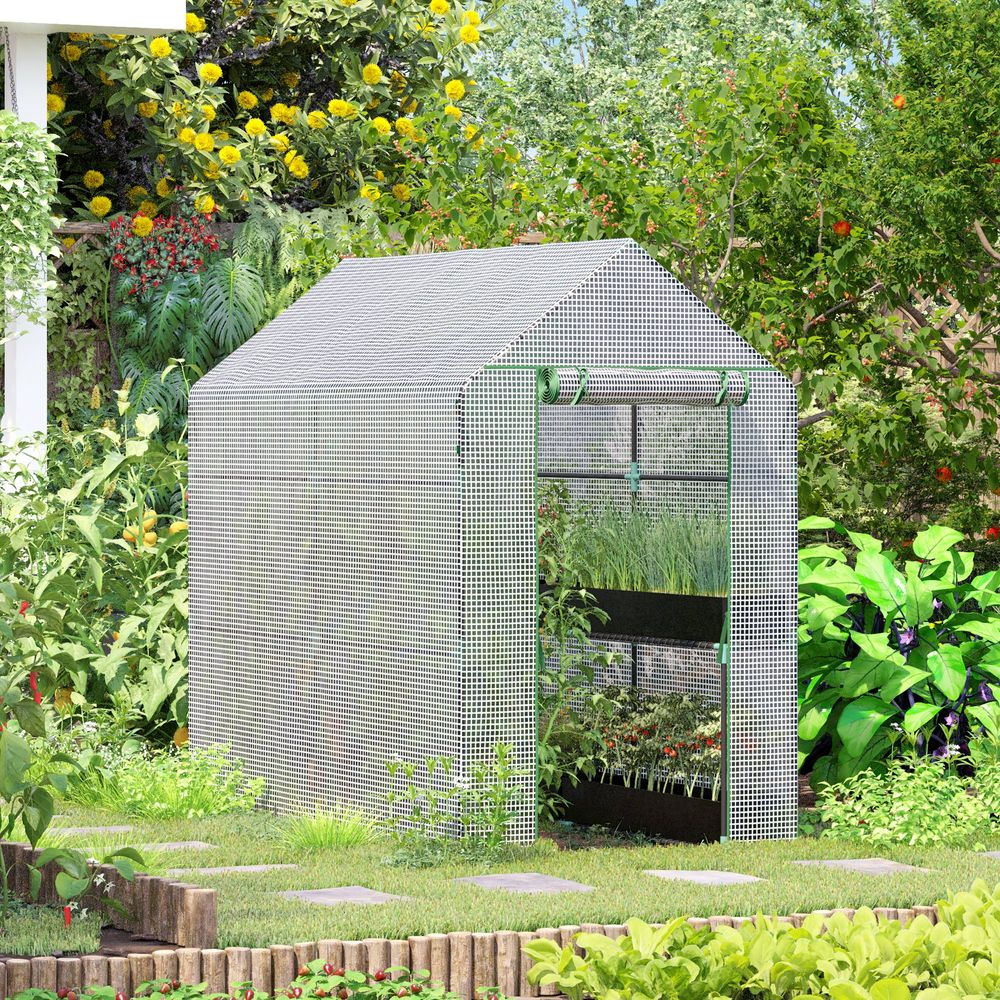 Walk-In Greenhouse - Steel Frame - PE Cover - Shelves - 186Lx120Wx190Hcm - White