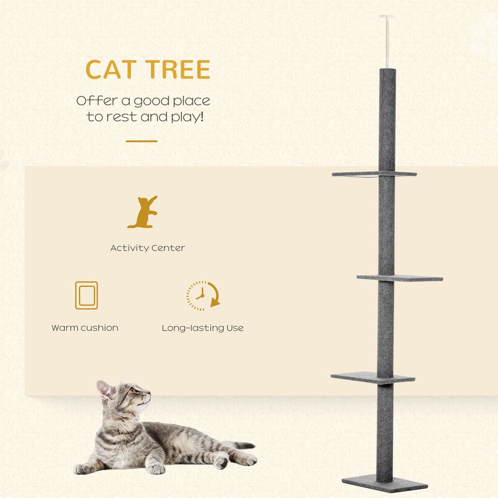 260cm Floor To Ceiling Cat Tree Kitten Tower Adjustable Height - Grey