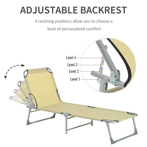 Reclining Sun Lounger Chair Folding Camping Bed with 4-Position Adjustable Backrest, for Travel Indoor Outdoor Office Fishing, Beige