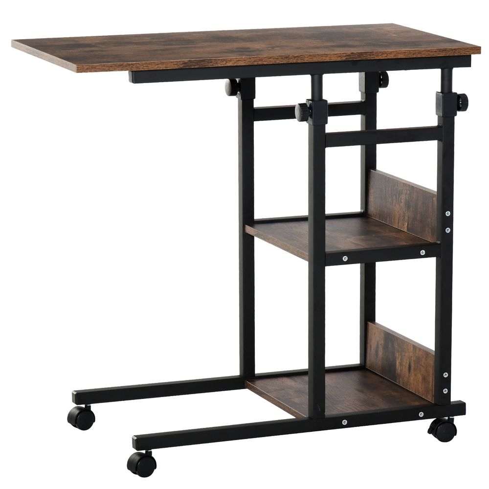 Industrial Mobile Sofa Side Table C-Shaped Rolling Couch Table with 3-Tier Storage Shelving Four Lockable Wheels Steel Frame - Brown