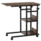 Industrial Mobile Sofa Side Table C-Shaped Rolling Couch Table with 3-Tier Storage Shelving Four Lockable Wheels Steel Frame - Brown