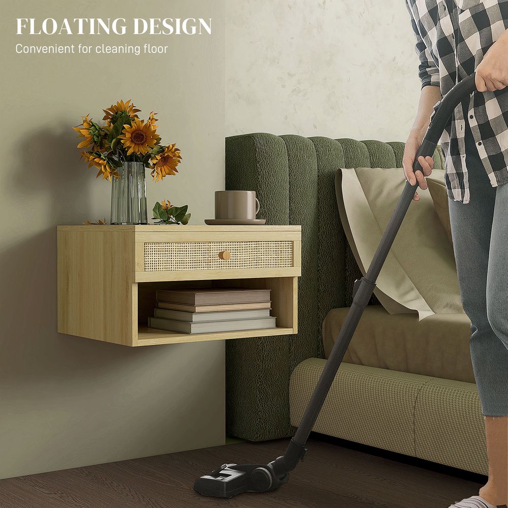 Floating Nightstand Set of 2 with Rattan Drawer