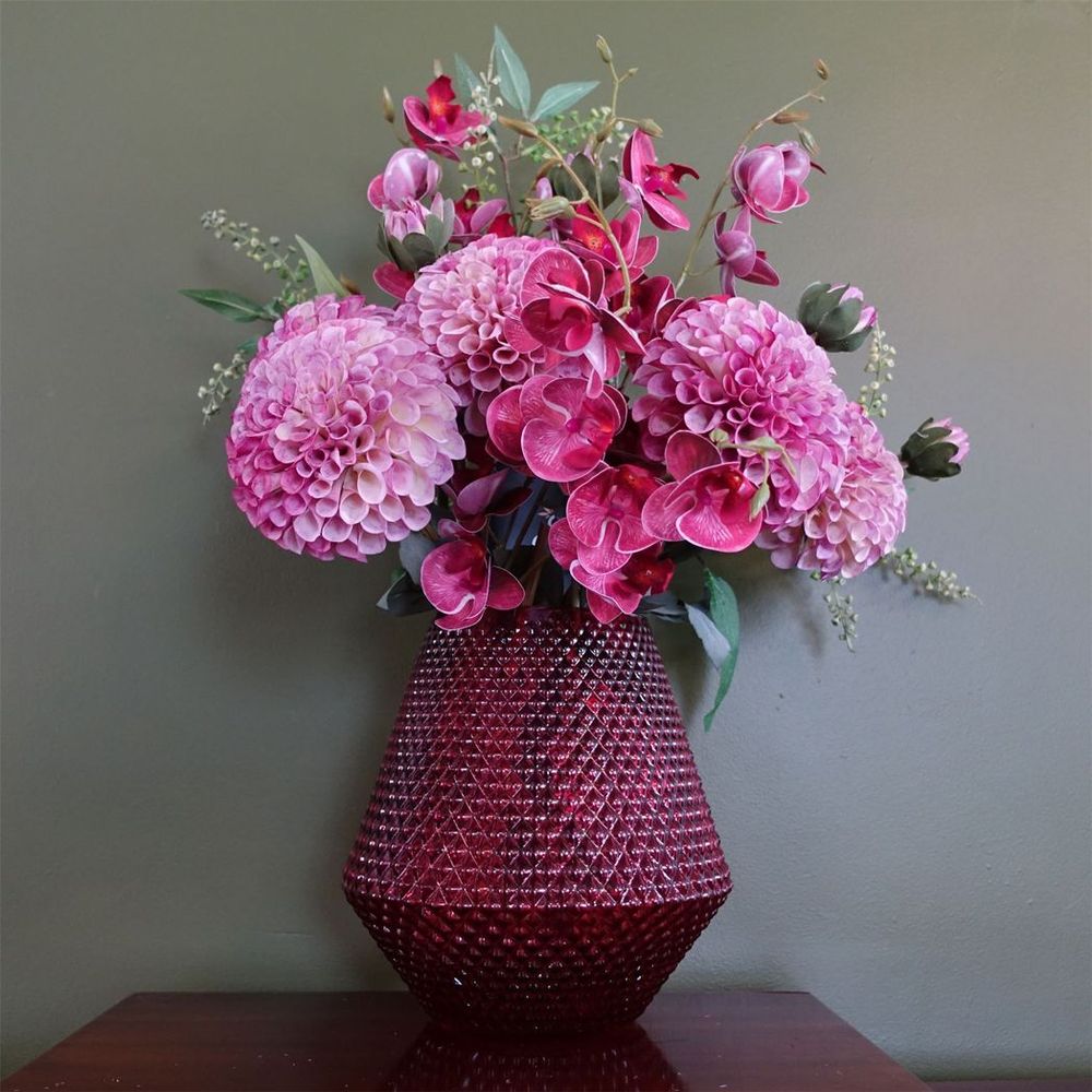 Pink Glass Vase: 23cm Diamond Embossed. for Showcasing Flowers. Hand-finished for Unique Variations