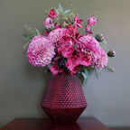 Pink Glass Vase: 23cm Diamond Embossed. for Showcasing Flowers. Hand-finished for Unique Variations