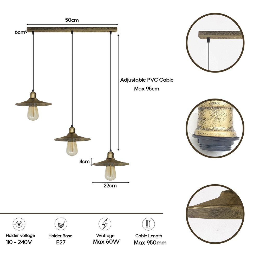 4 Head Vintage Industrial Brushed Brass Ceiling Pendant Easy Fit Light Metal 22cm Ceiling Lighting Shade