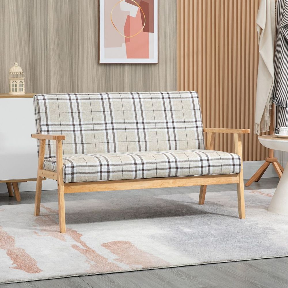 2 Seater Sofa - Rubber Wood Frame - Linen Fabric Love Seat - Small Couch