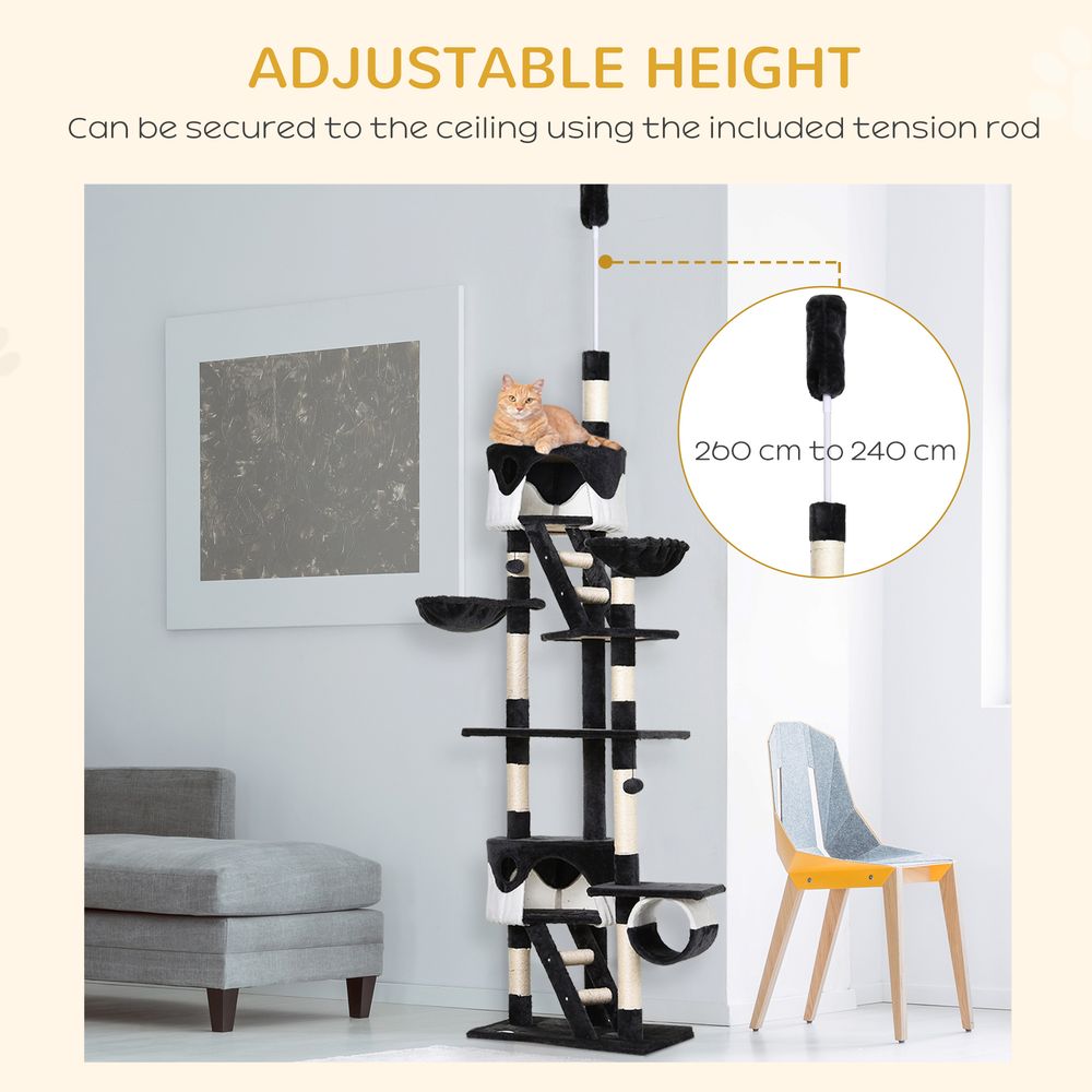 Floor to Ceiling Cat Tree, 240-260cm Adjustable Height Cat Tower with Scratching Posts, Cat Houses, Ramps, Hammocks, Toy Balls, Tunnel for Indoor Cats - Black