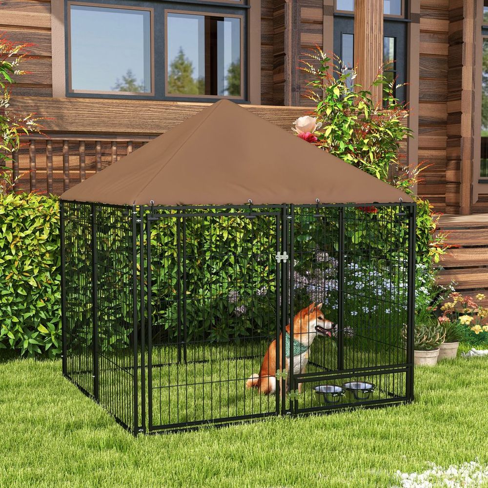 Outdoor Dog House Kennel: Canopy Top, Secure Lock, and Rotating Bowl Holder