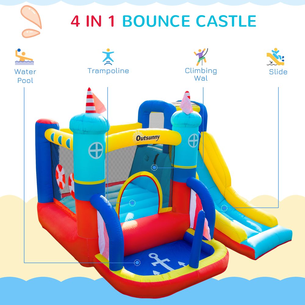 4 in 1 Kids Bouncy Castle Large Sailboat Style Inflatable House Slide Trampoline Water Pool Climbing Wall with Blower Carrybag for Kids Age 3-8, 2.65 x 2.6 x 2m