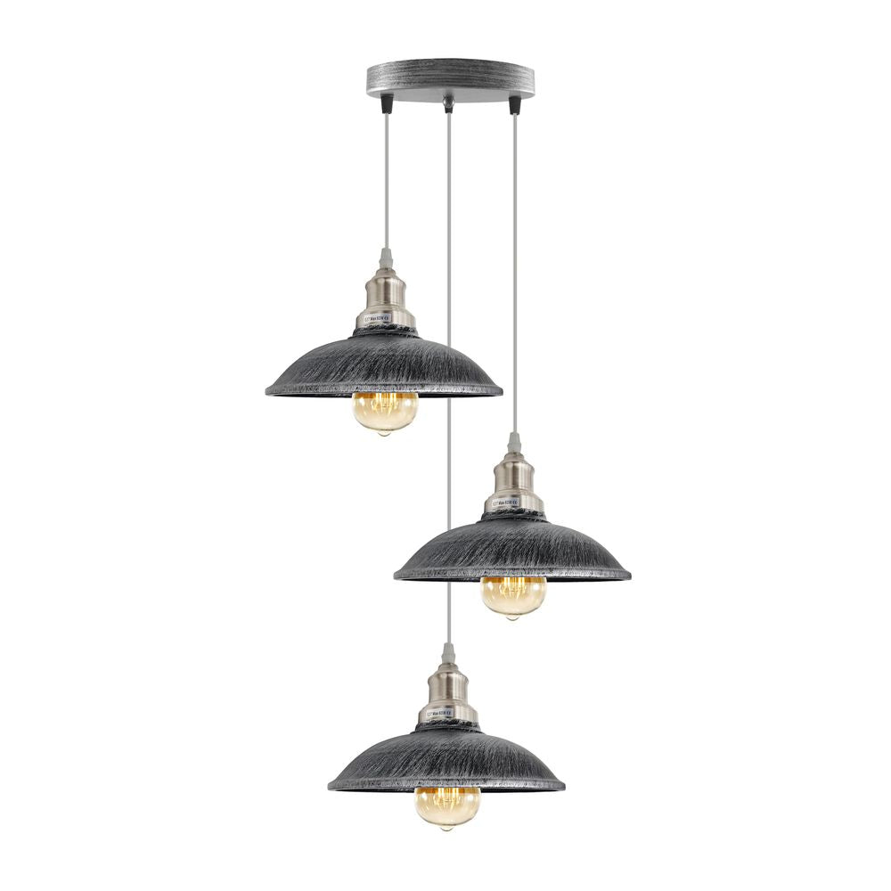 3 Head Vintage Industrial E27 Ceiling Hanging Light Shade Metal Pendant Lamp Brushed silver