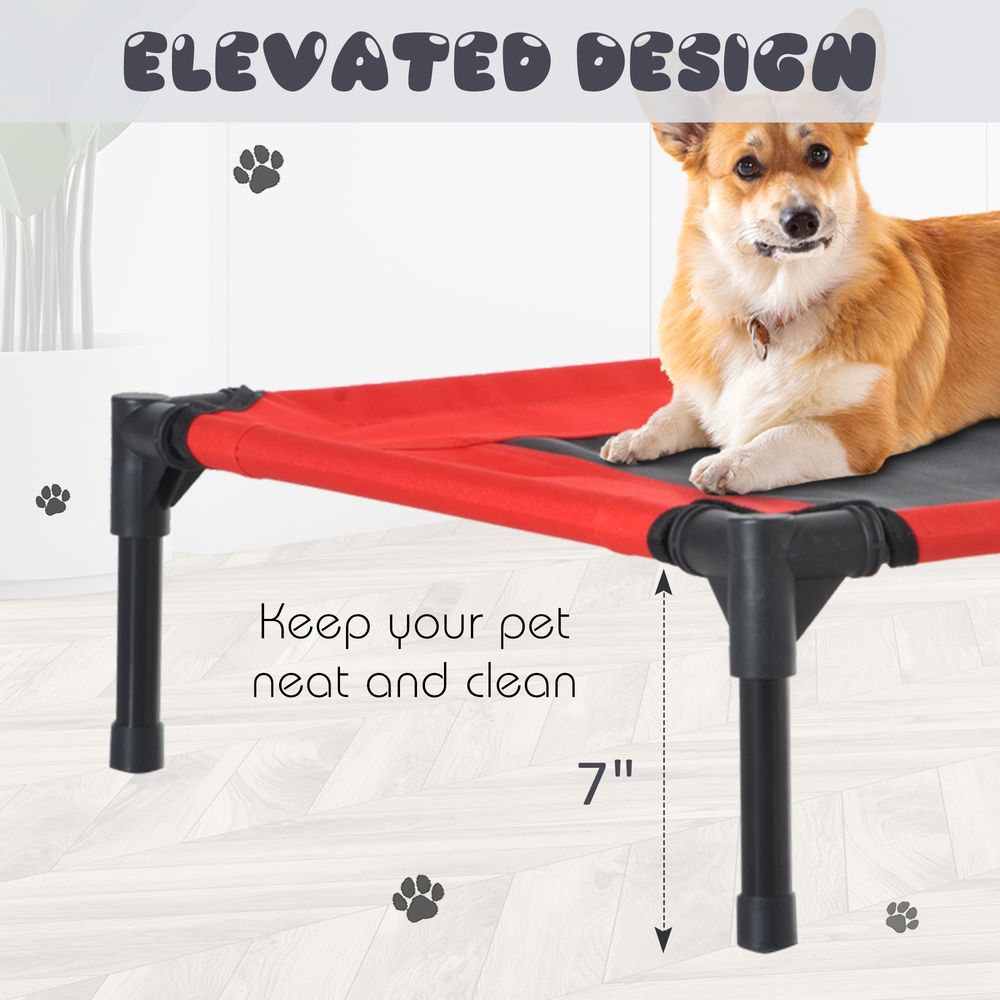 Elevated Pet Bed Portable Camping Raised Dog Bed w/ Metal Frame Black and Red (Small)