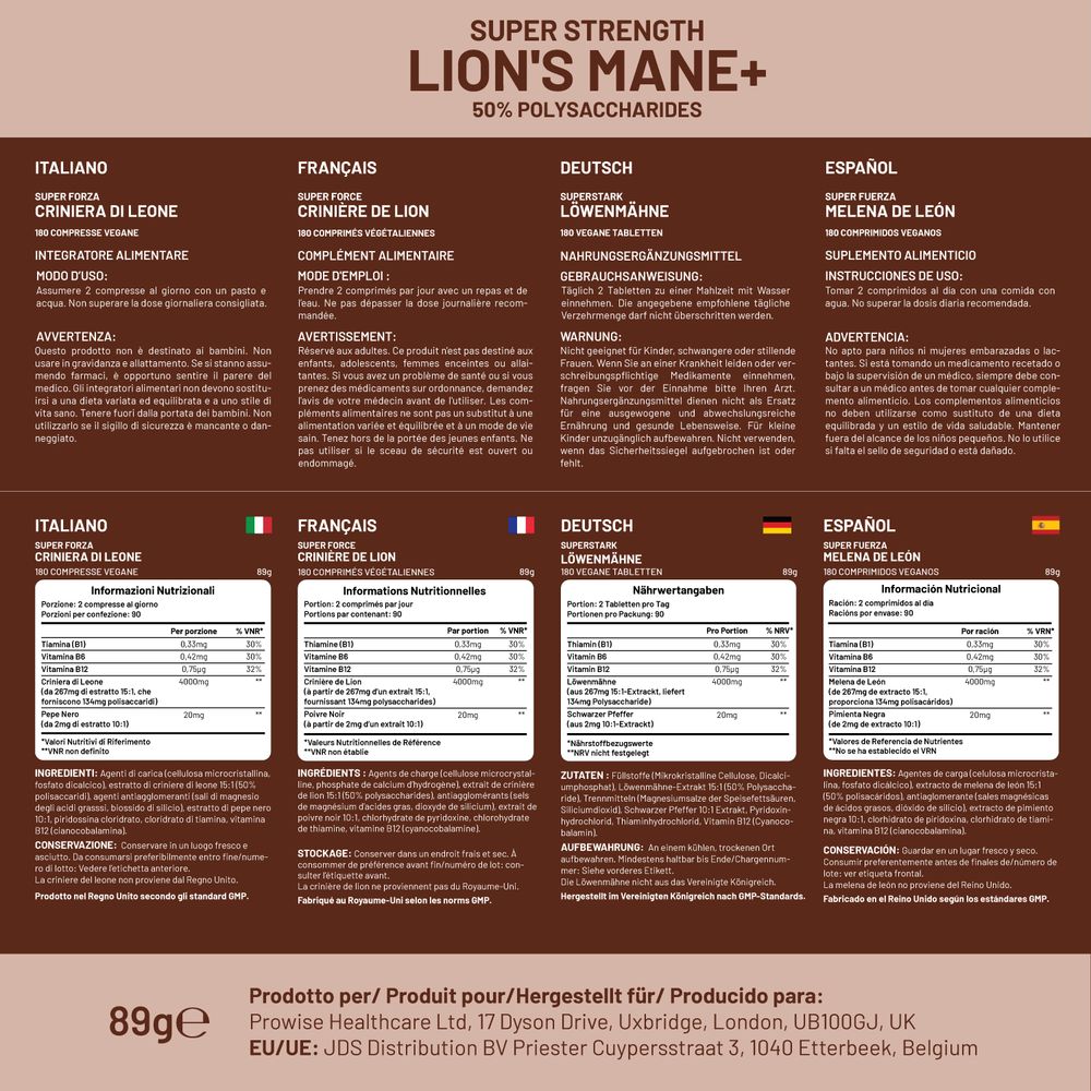 Lions Mane Mushroom Supplement 4000mg with Vitamin B1, B6, B12 & Black Pepper - 180 Super Strength Vegan Tablets with 50% Polysaccharides (Not Powder or Capsules) | Made in The UK