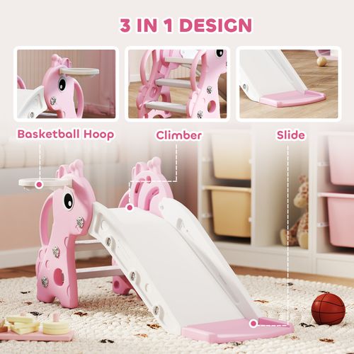 3 in 1 Kids Slide with Climber, Basketball Hoop and Ball, Pink