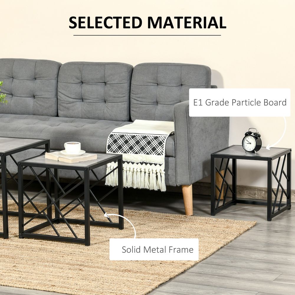 Nesting Coffee Tables, Set of 3 Square Side Tables with Black Metal Frame, for Living Room, Bedroom and Office, Grey